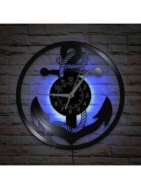 Home Black Analog Quartz Vintage Decorative Anchor Boat Wheel Coastal Wall Clock